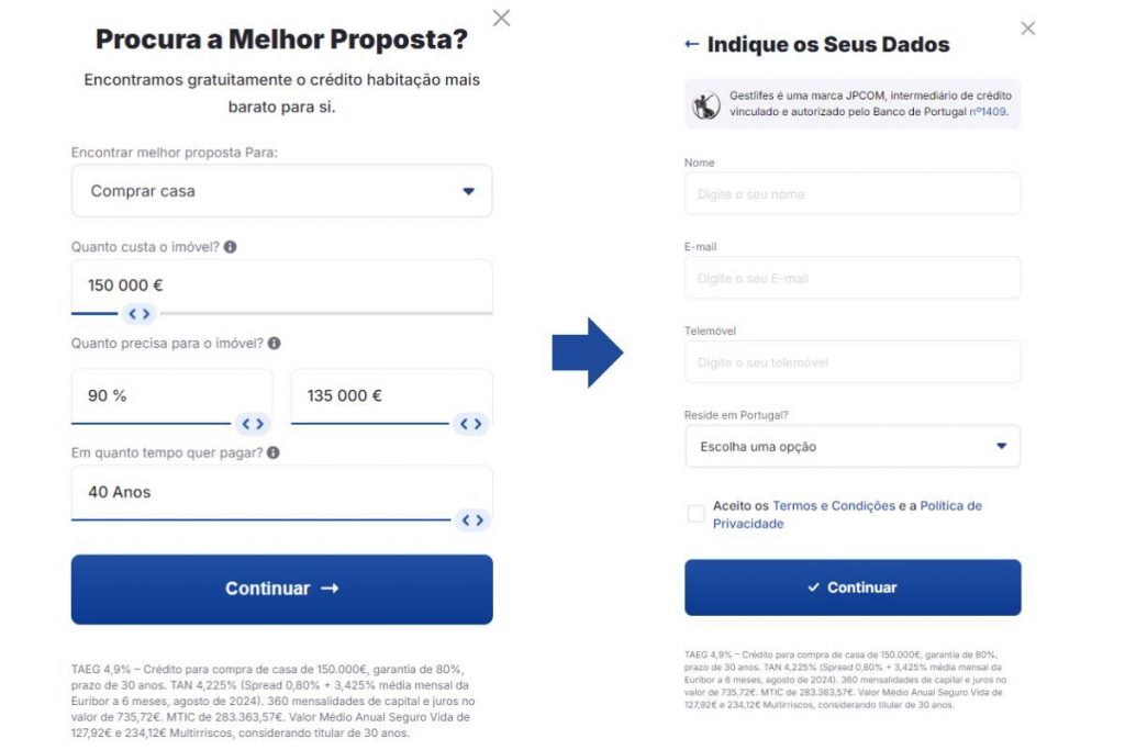 screenshot com simulador em pedido de proposta de crédito habitação
